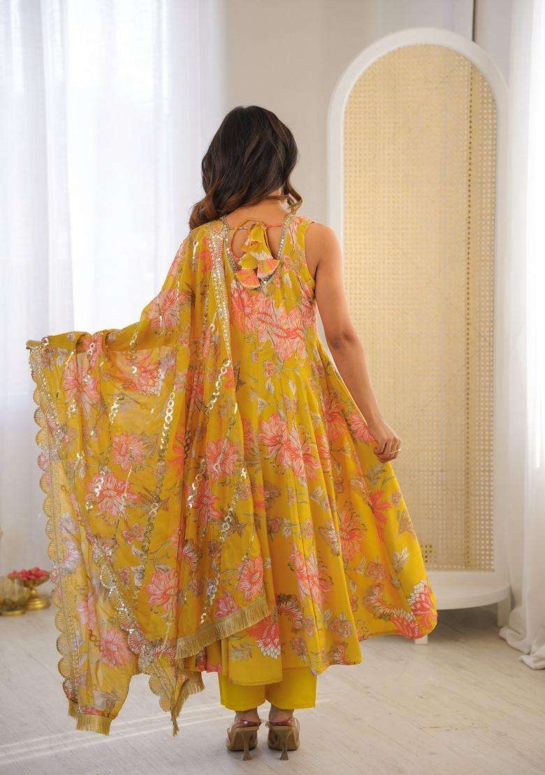 Yellow Printed Silk Gown Set - Indya