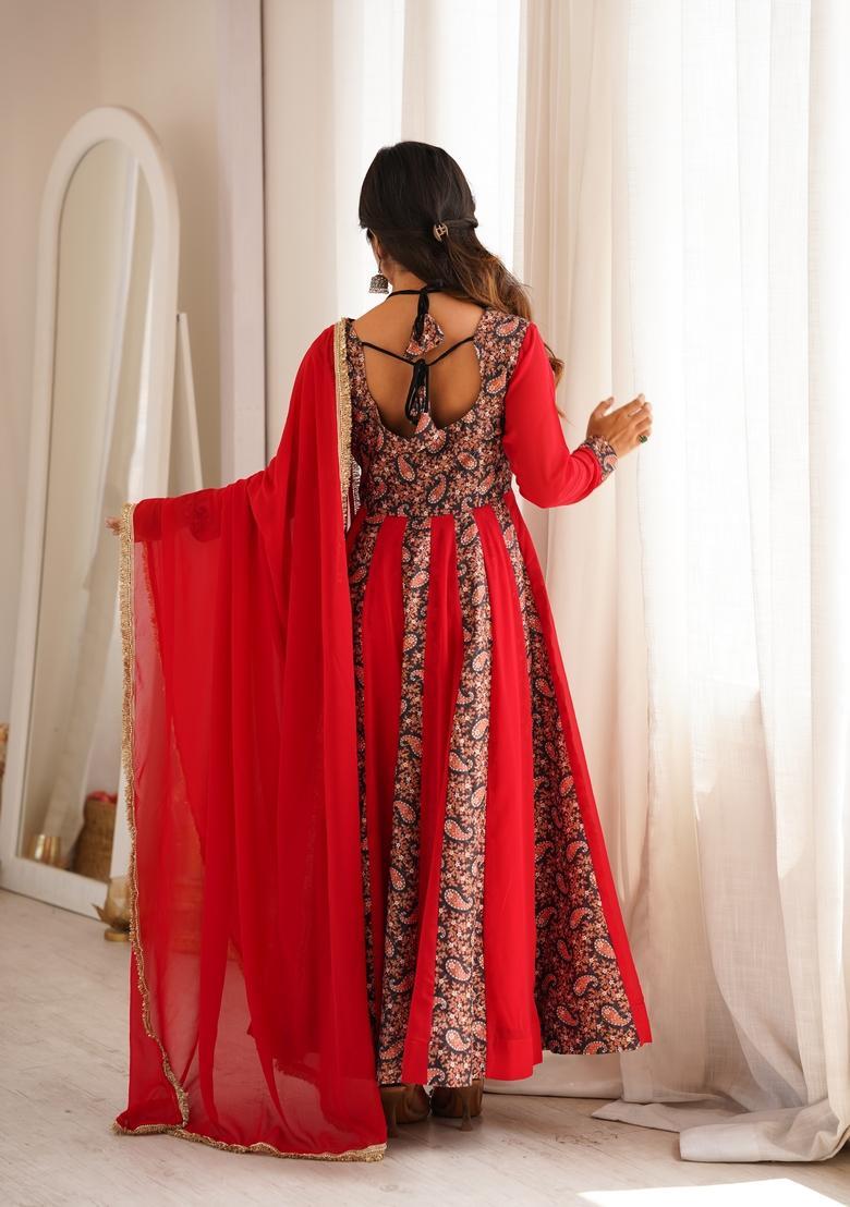 Red Printed Georgette Gown Set - Indya