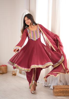 Maroon Embroidered Silk Kurta Set