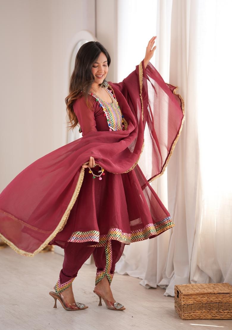Maroon Embroidered Silk Kurta Set - Indya