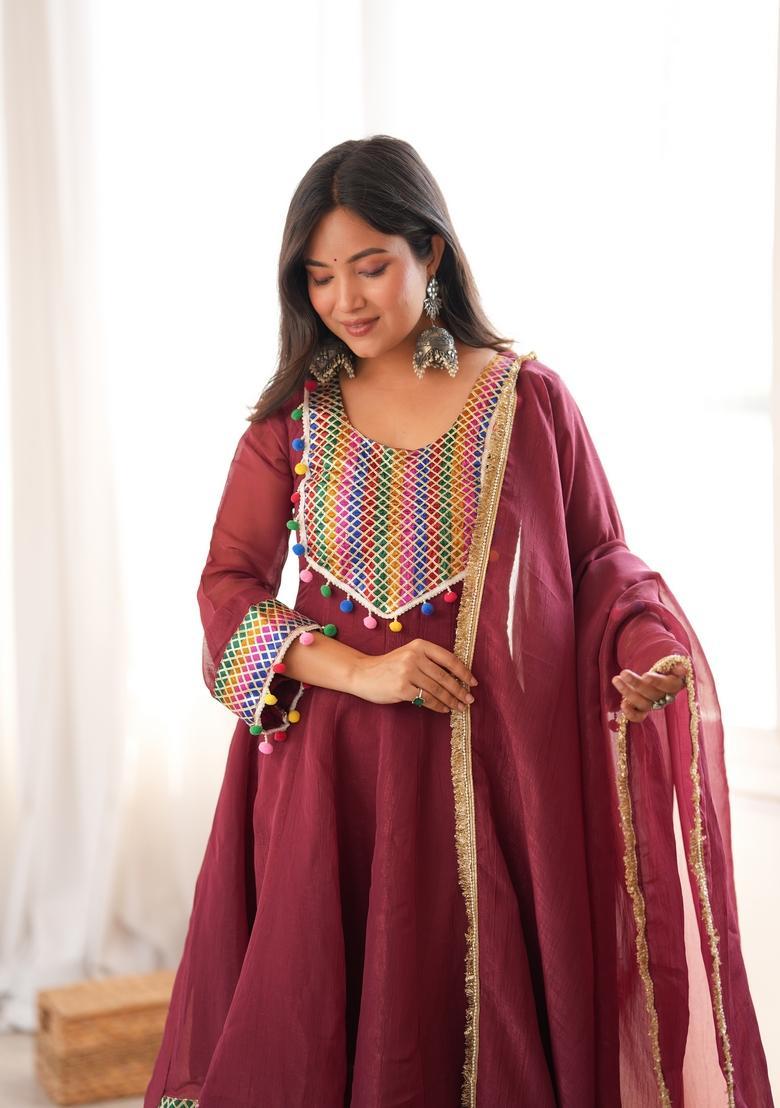 Maroon Embroidered Silk Kurta Set - Indya