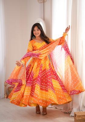 Yellow Printed Organza Gown Set