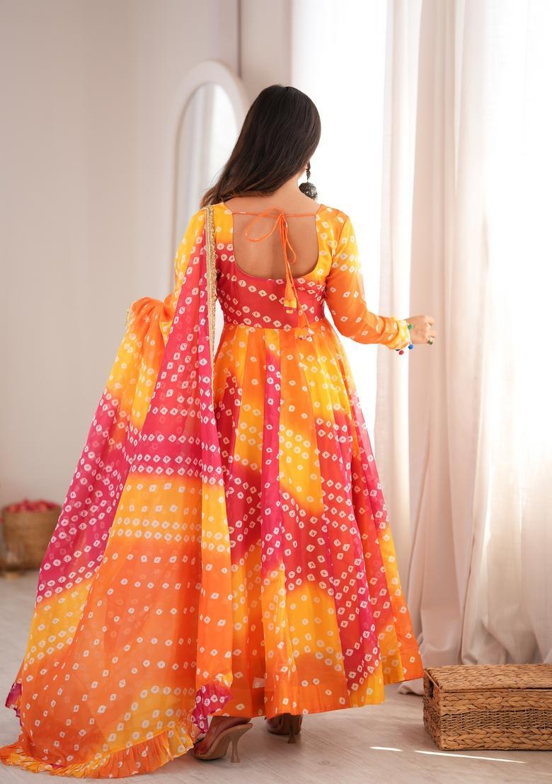 Yellow Printed Organza Gown Set - Indya