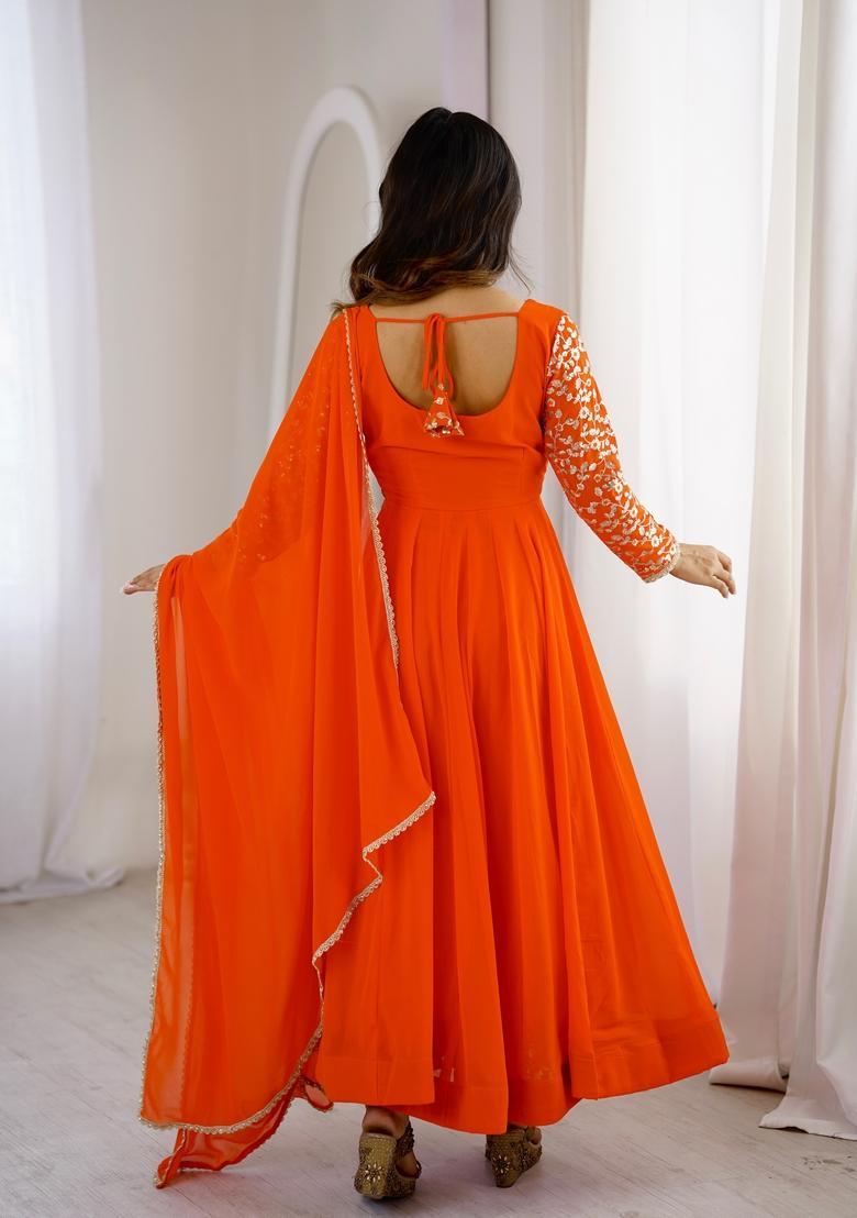 Orange Embroidered Georgette Gown Set - Indya