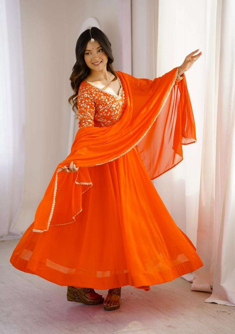 Orange Embroidered Georgette Gown Set - Indya