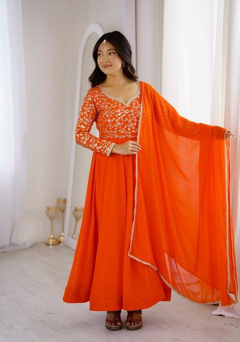 Orange Embroidered Georgette Gown Set