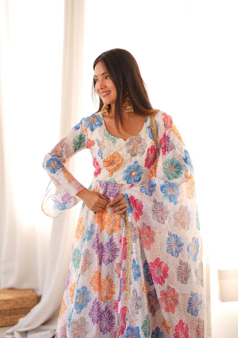 Multicolor Printed Organza Gown Set - Indya