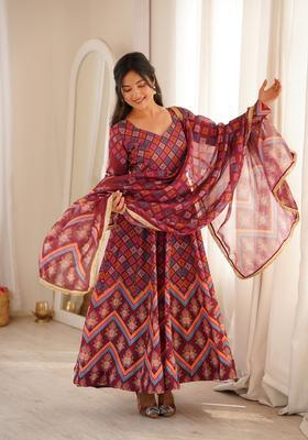 Maroon Printed Silk Gown Set