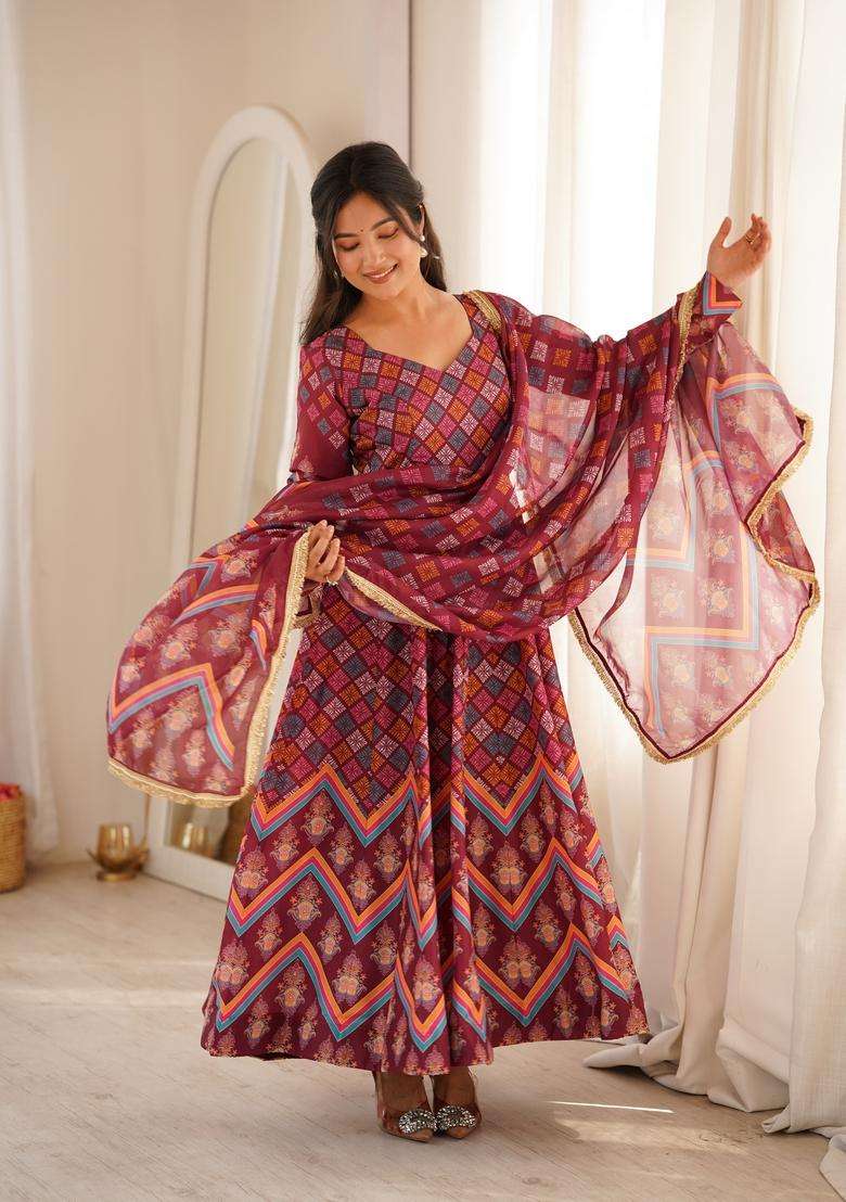 Maroon Printed Silk Gown Set - Indya
