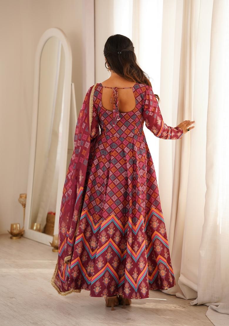 Maroon Printed Silk Gown Set - Indya