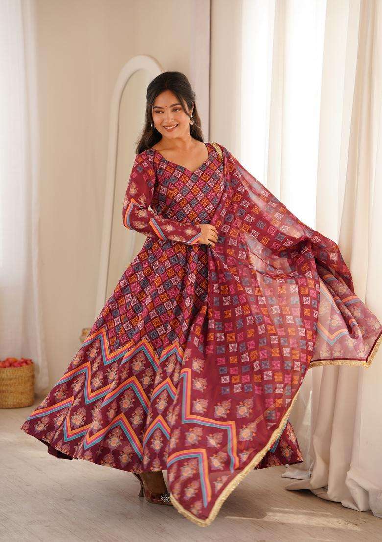Maroon Printed Silk Gown Set - Indya