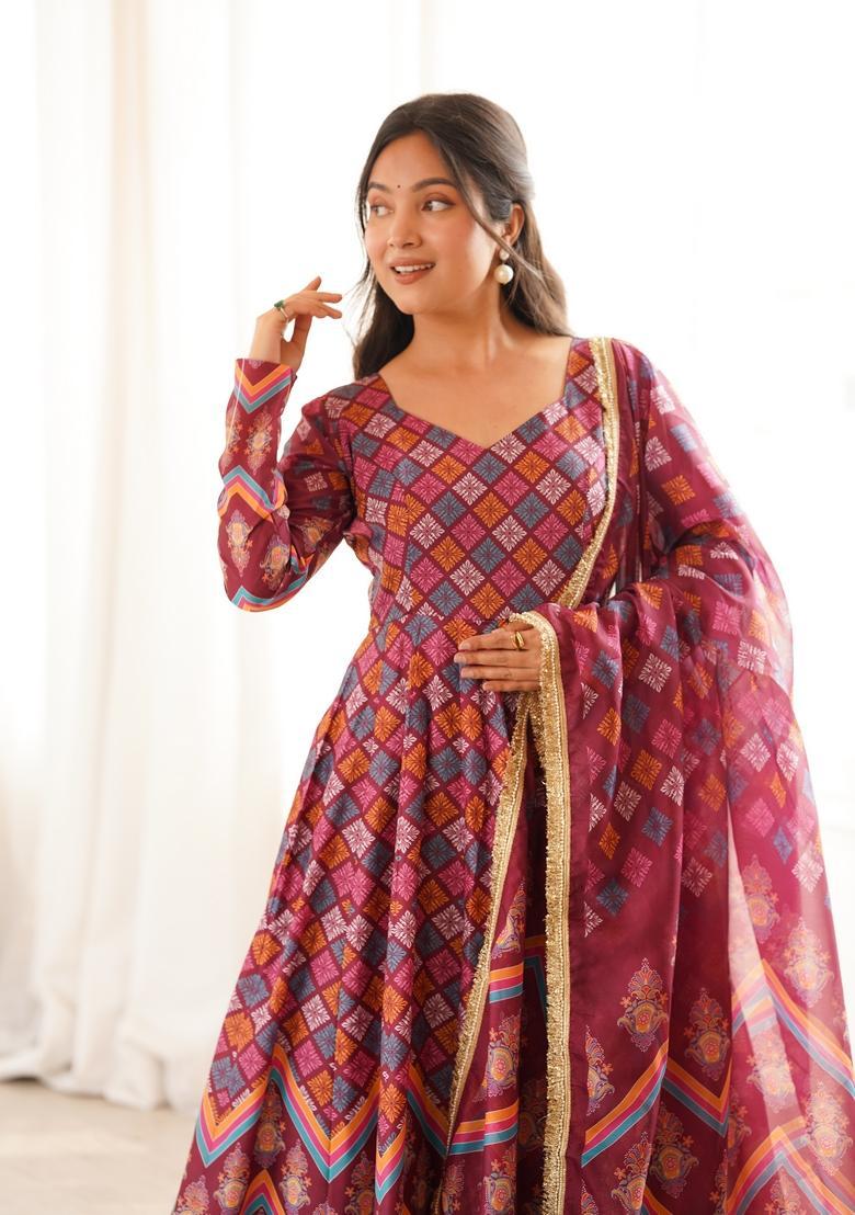 Maroon Printed Silk Gown Set - Indya