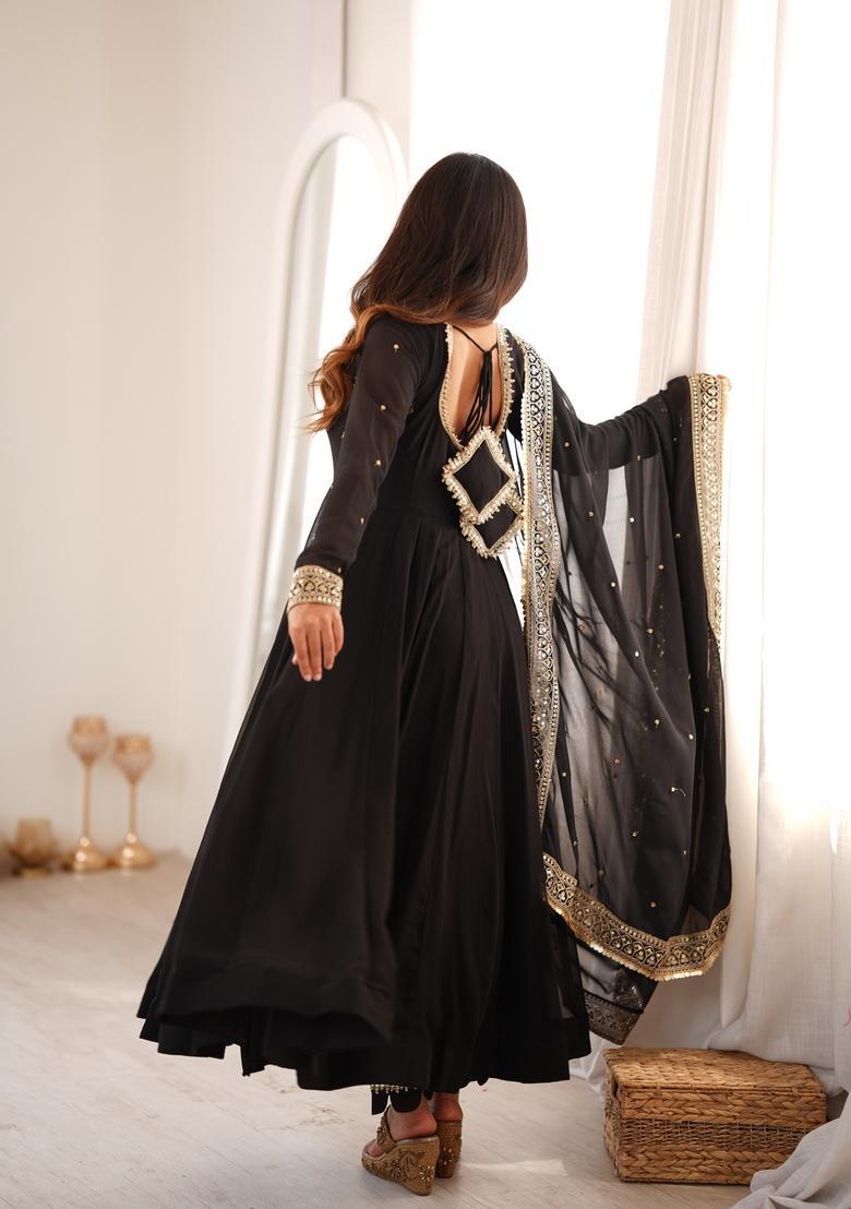 Black Embroidered Georgette Gown Set - Indya