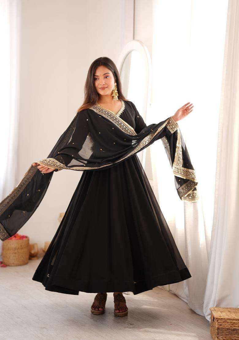 Black Embroidered Georgette Gown Set - Indya
