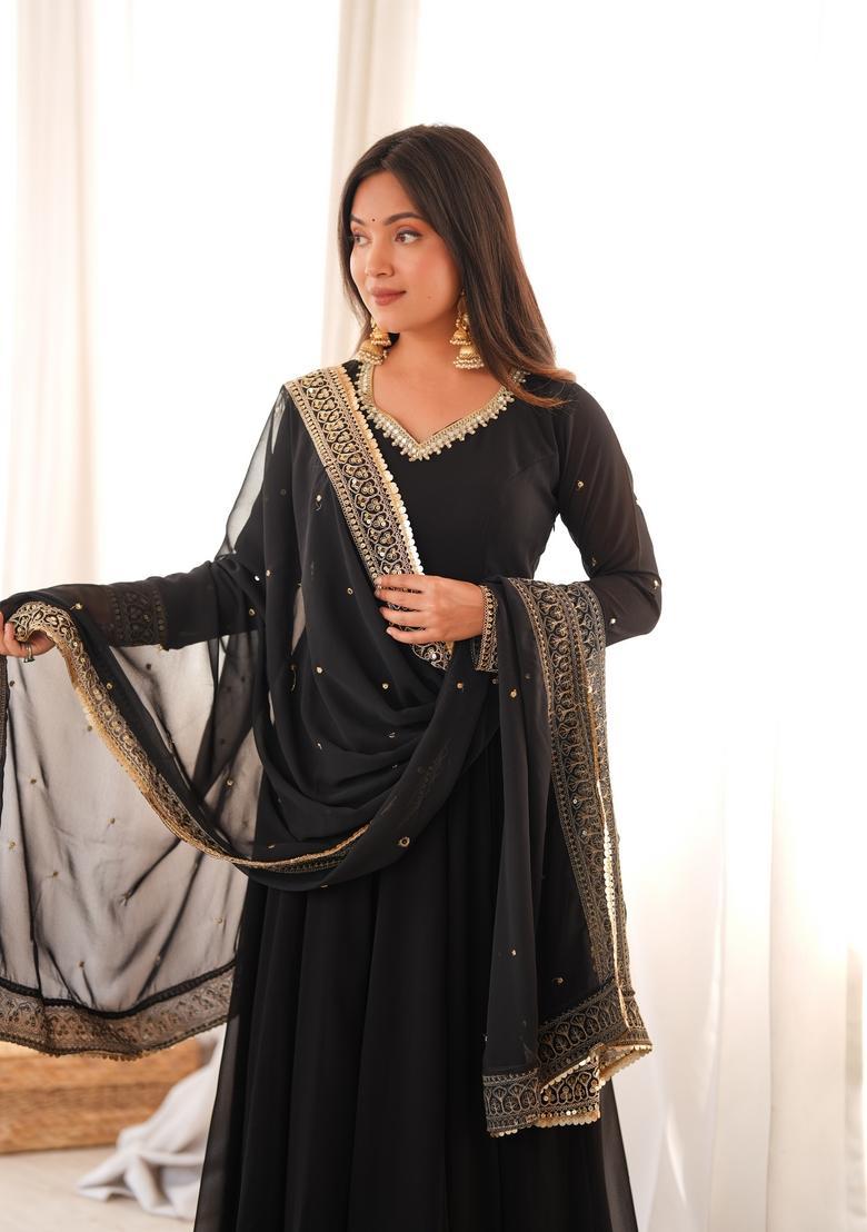 Black Embroidered Georgette Gown Set - Indya
