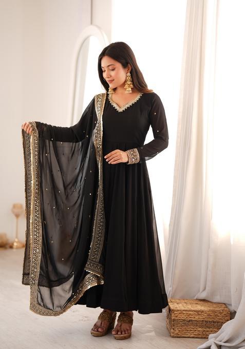 Black Embroidered Georgette Gown Set
