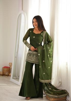 Mehendi Embroidered Silk Kurta Set