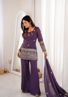 Purple Embroidered Silk Kurta Set