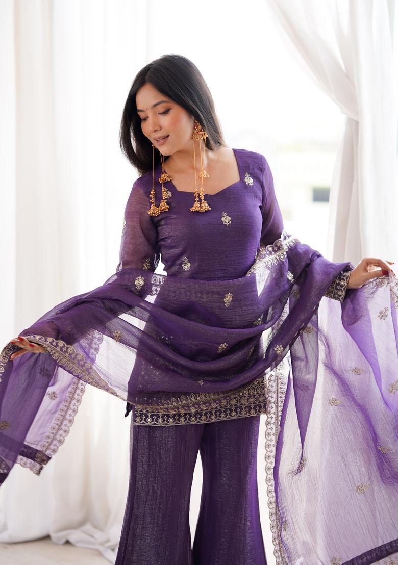 Purple Embroidered Silk Kurta Set - Indya