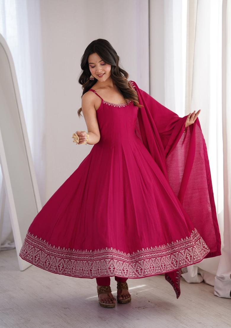 Pink Lace Work Silk Kurta Set - Indya