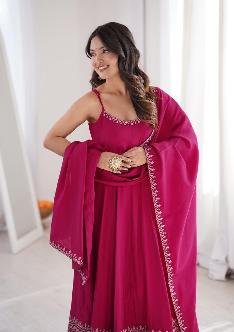 Pink Lace Work Silk Kurta Set - Indya