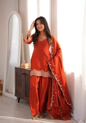 Rust Orange Embroidered Silk Kurta Set