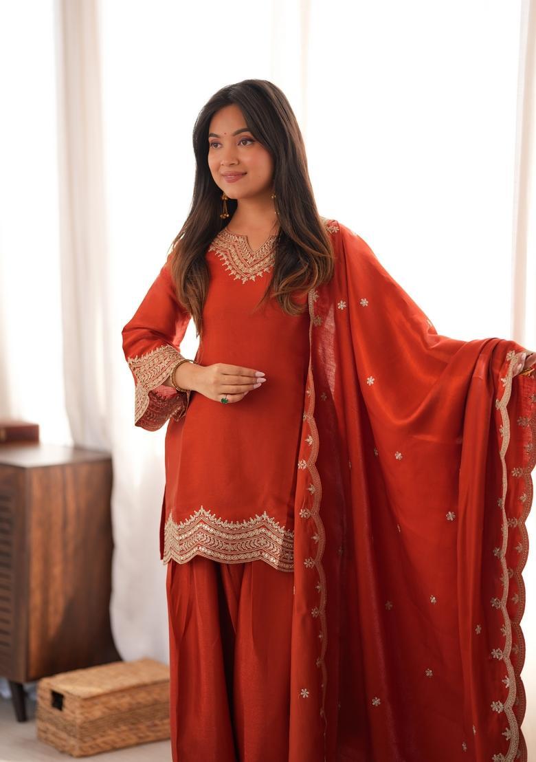 Rust Orange Embroidered Silk Kurta Set - Indya