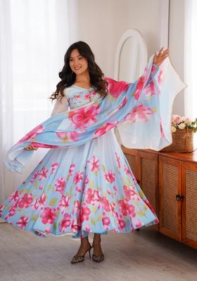 Sky Blue Printed Organza Gown Set