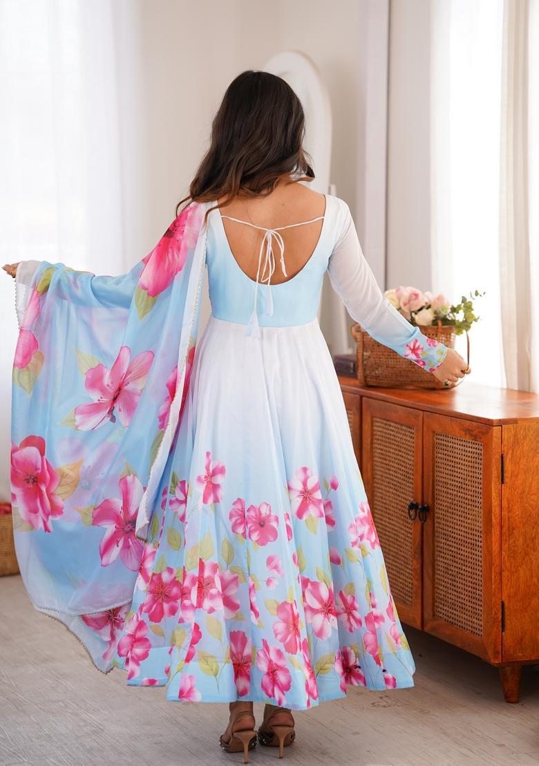 Sky Blue Printed Organza Gown Set - Indya