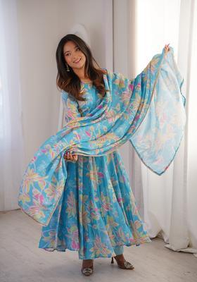 Sky Blue Printed Muslin Kurta Set