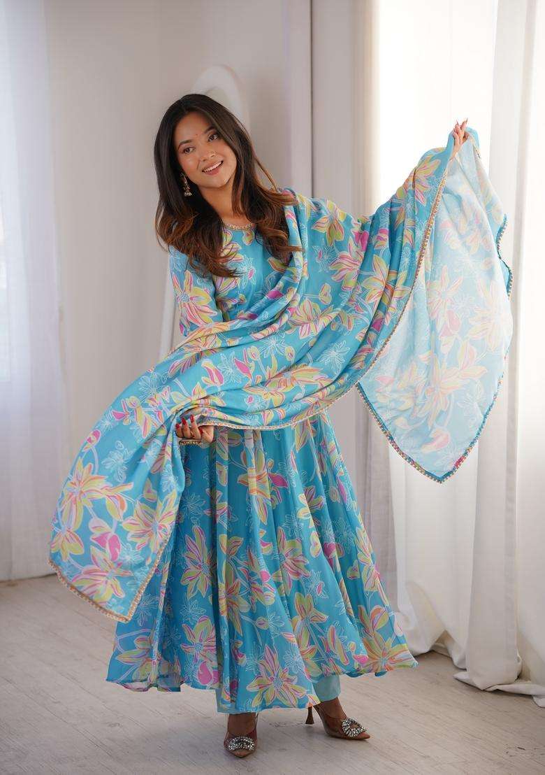 Sky Blue Printed Muslin Kurta Set - Indya