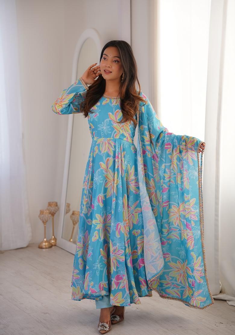 Sky Blue Printed Muslin Kurta Set - Indya
