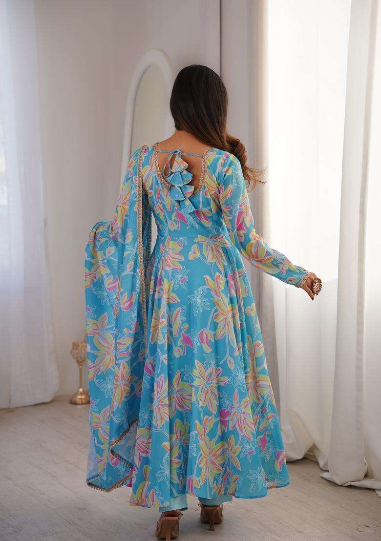 Sky Blue Printed Muslin Kurta Set - Indya