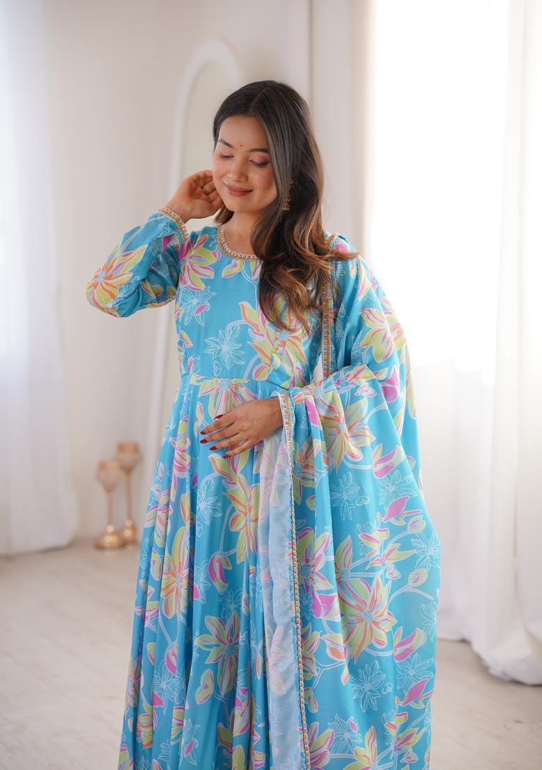 Sky Blue Printed Muslin Kurta Set - Indya