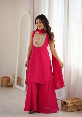 Rani Pink Mirror Work Silk Kurta Set