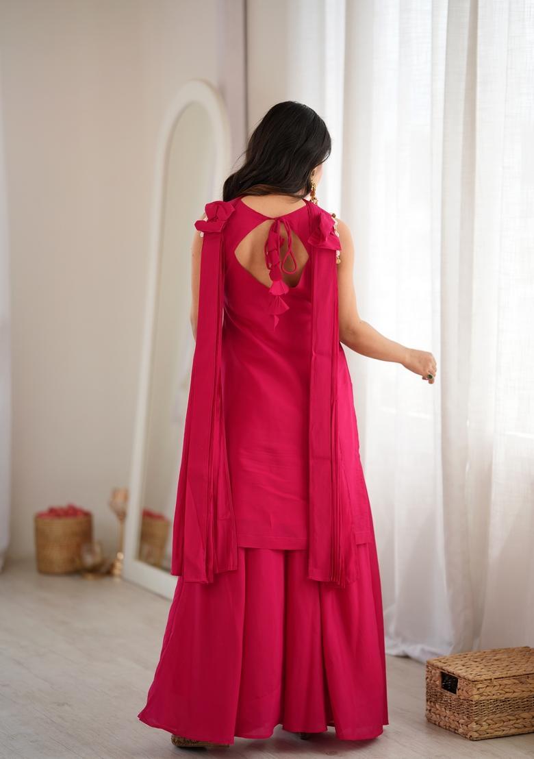 Rani Pink Mirror Work Silk Kurta Set - Indya