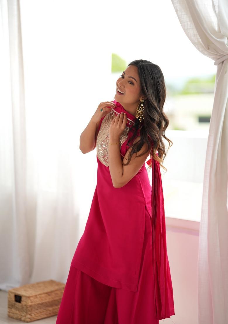 Rani Pink Mirror Work Silk Kurta Set - Indya