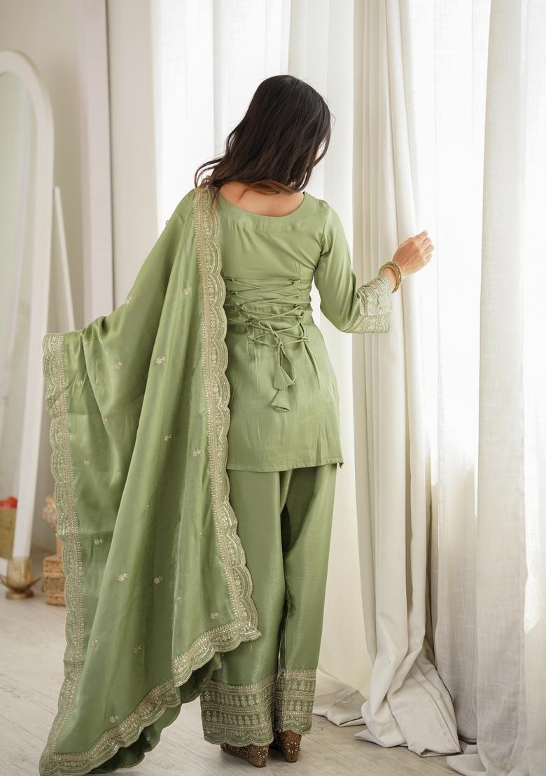 Green Embroidered Silk Kurta Set - Indya