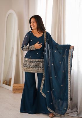 Teal Embroidered Silk Kurta Set