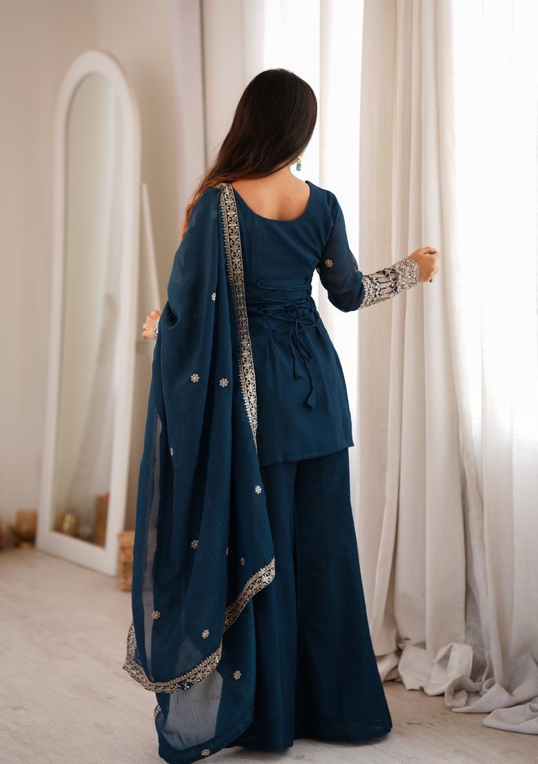 Teal Embroidered Silk Kurta Set - Indya