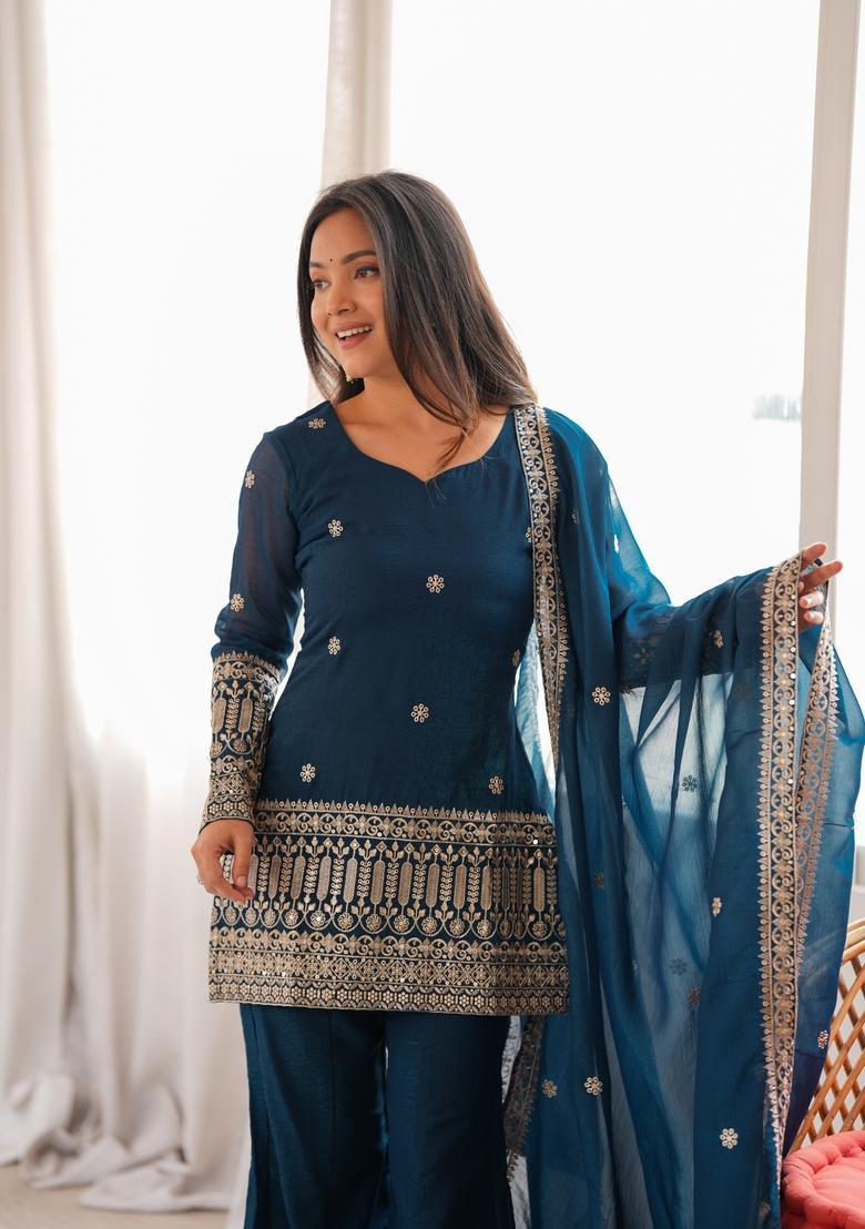 Teal Embroidered Silk Kurta Set - Indya