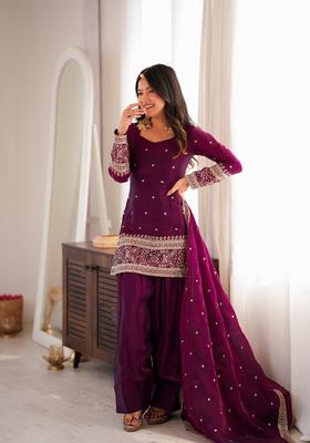 Wine Embroidered Silk Kurta Set