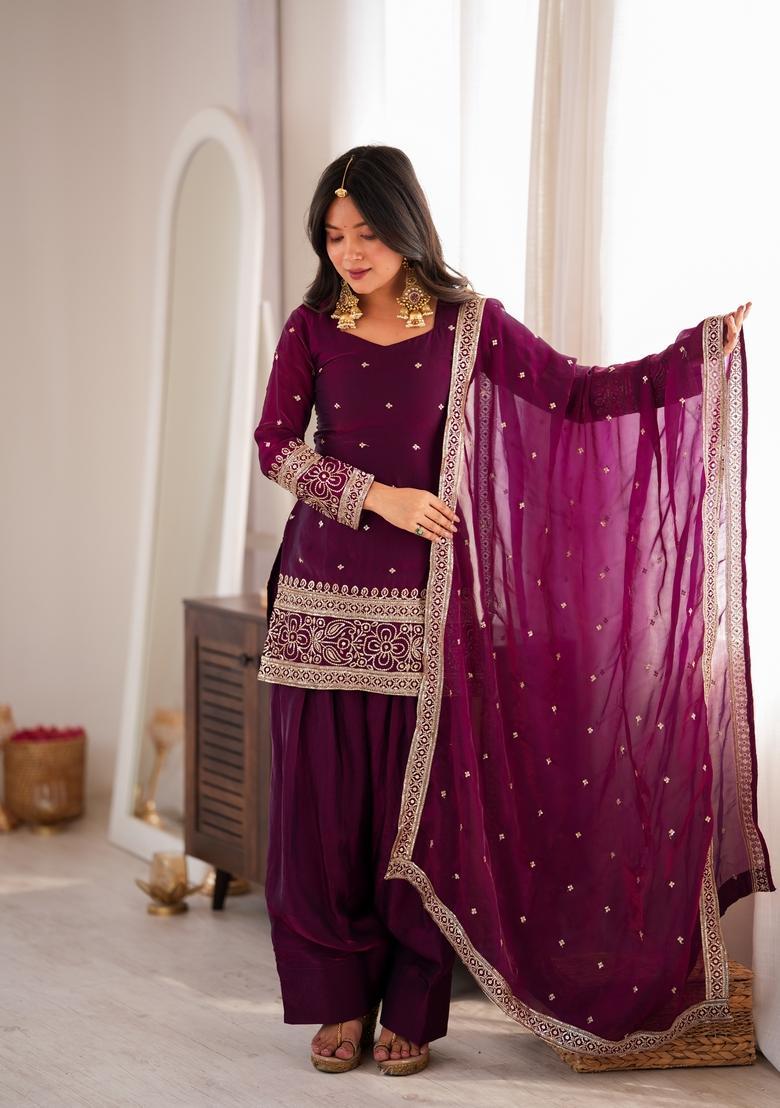 Wine Embroidered Silk Kurta Set - Indya