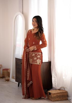Rust Orange Embroidered Silk Kurta Set