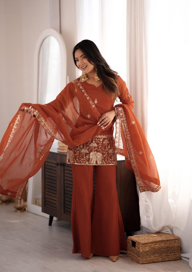 Rust Orange Embroidered Silk Kurta Set - Indya
