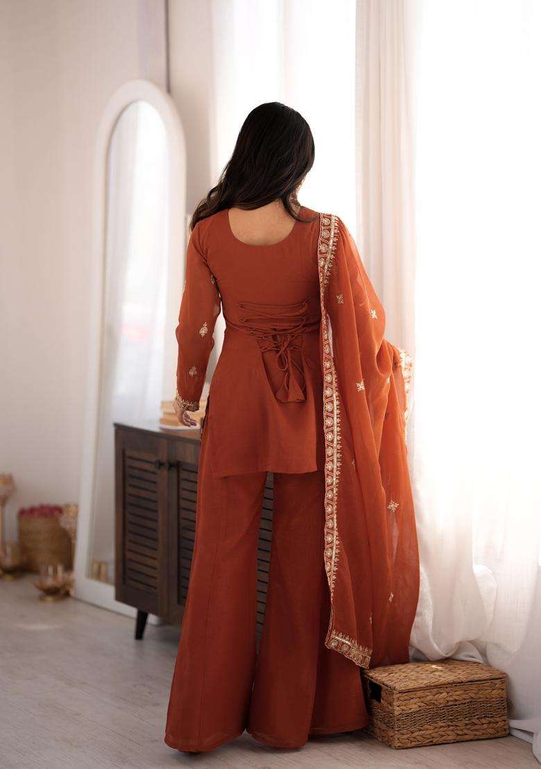 Rust Orange Embroidered Silk Kurta Set - Indya