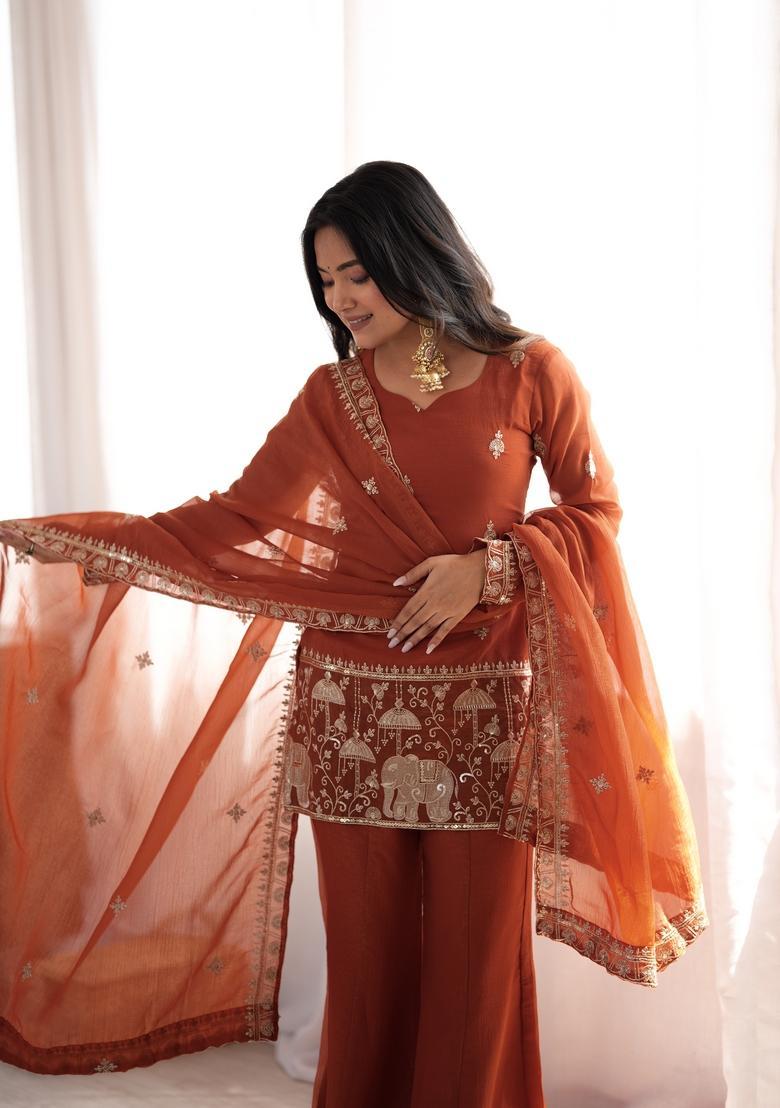 Rust Orange Embroidered Silk Kurta Set - Indya