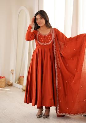 Rust Orange Embroidered Silk Kurta Set