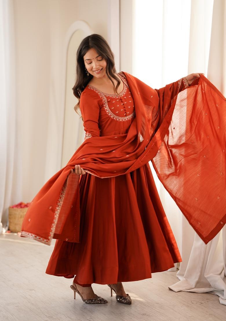 Rust Orange Embroidered Silk Kurta Set - Indya