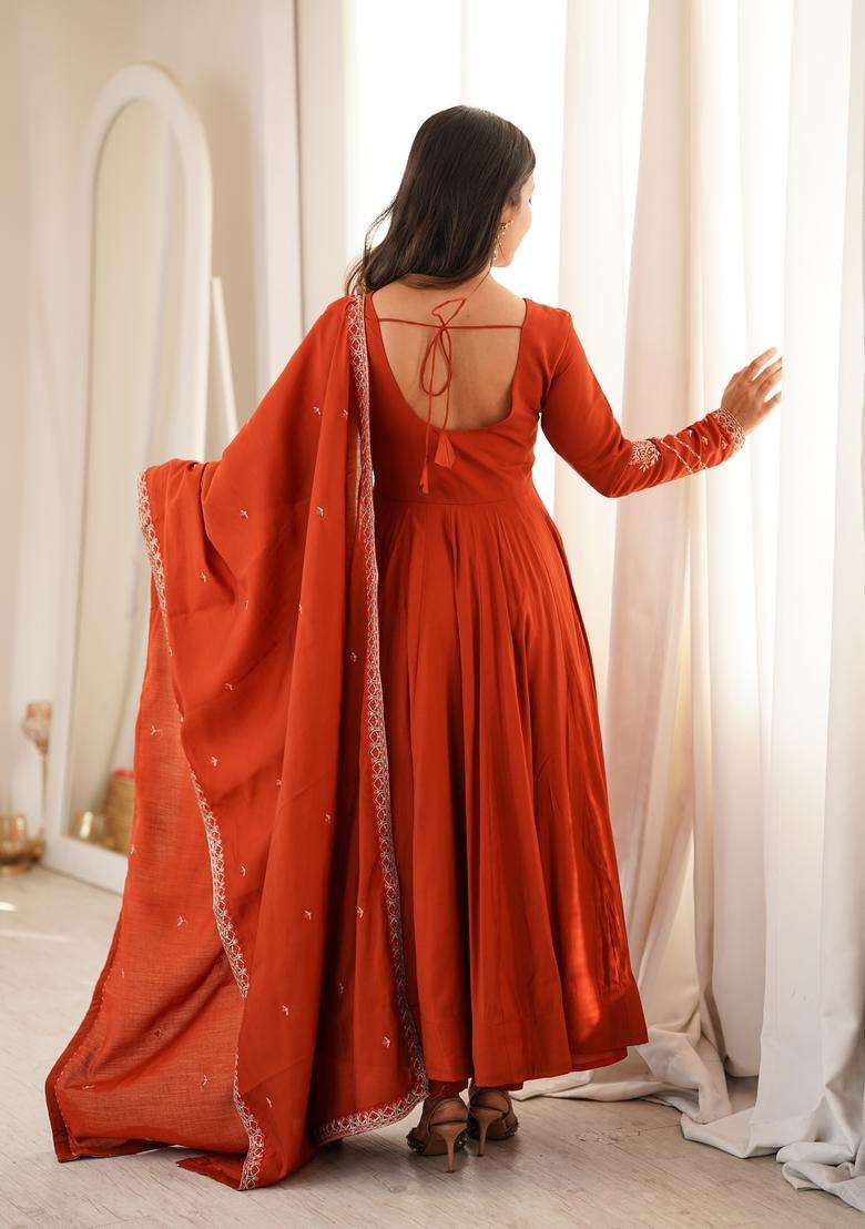 Rust Orange Embroidered Silk Kurta Set - Indya